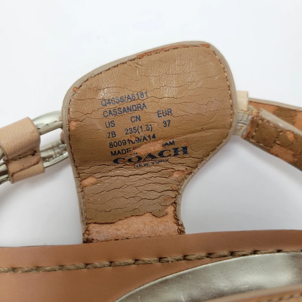 Coach Beige and Metallic Gold Leather T-Strap Sandals - Picture 13 of 16